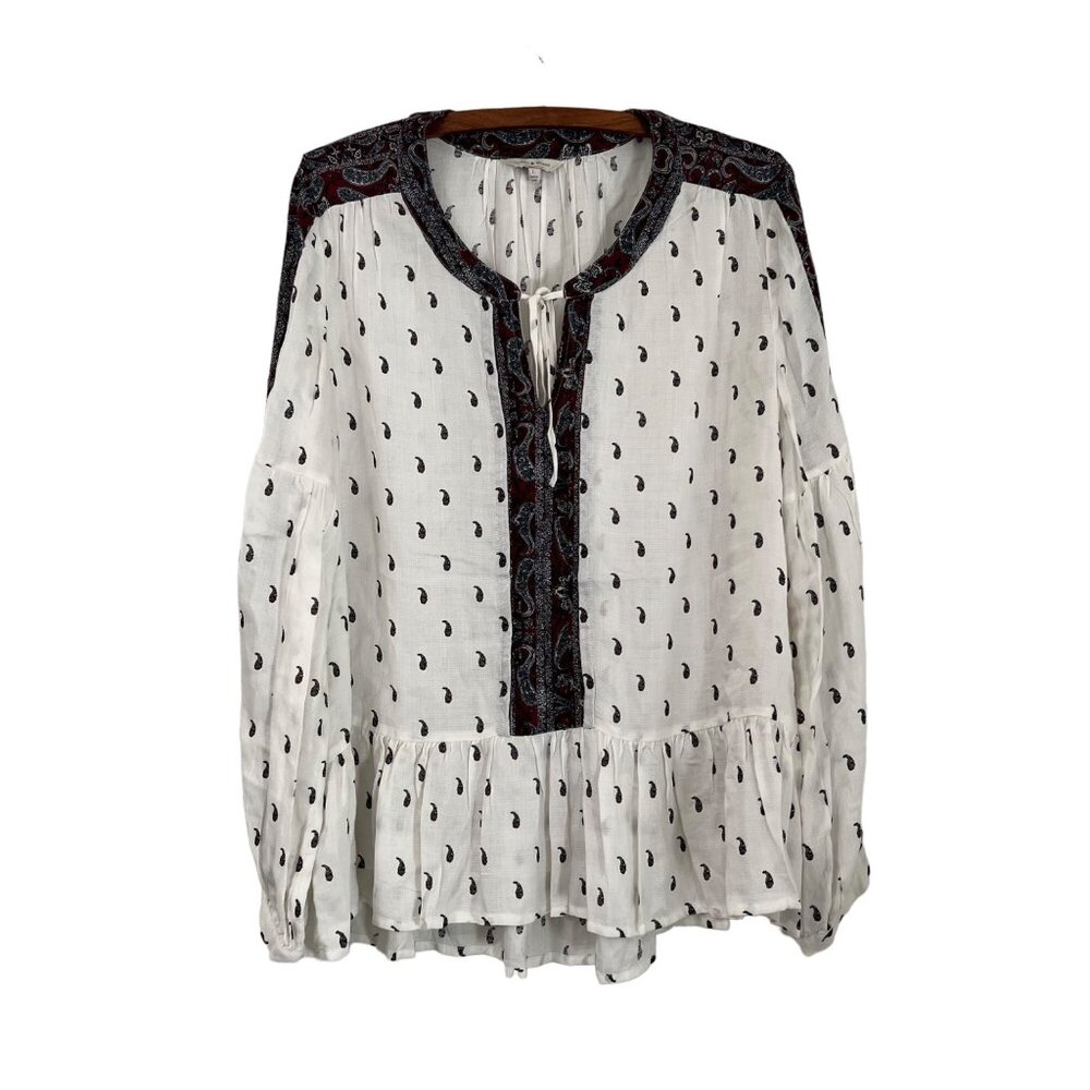 Lucky Brand Paisley Peasant Boho White Blue Pullover Blouse Ruffle Hem Size L